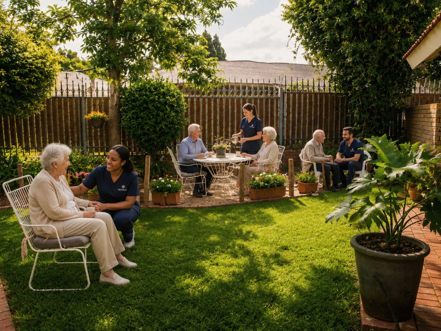 Residents and carers enjoying tea together in Ridgewel's garden